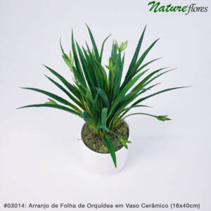 Arranjo de Folha de Orquídea em Vaso Cerâmico (16x40cm)