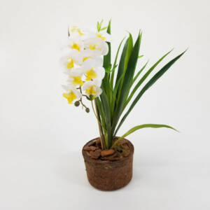 Arranjo Floral Artificial Mini Orquídea Branca (41cm) vaso fibra coco