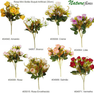 Rosa Mini Botão Buquê Artificial (30cm)