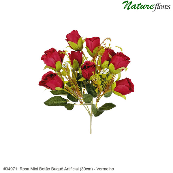 Rosa Mini Botão Buquê Artificial (30cm) - Imagem 2